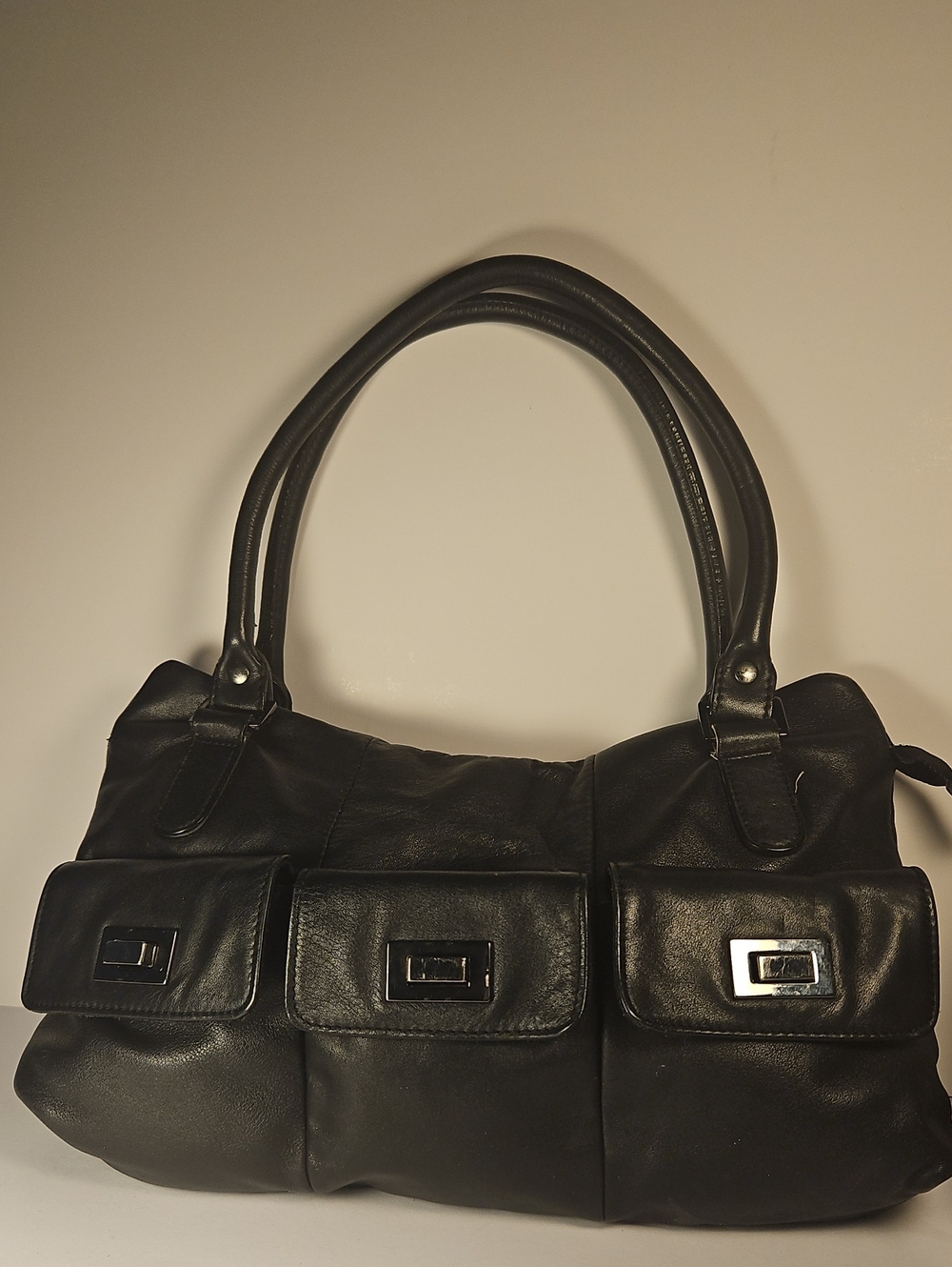 Vintage J by Jasper Conran Black Leather Cargo Hobo Bag Gunmetal Hardware